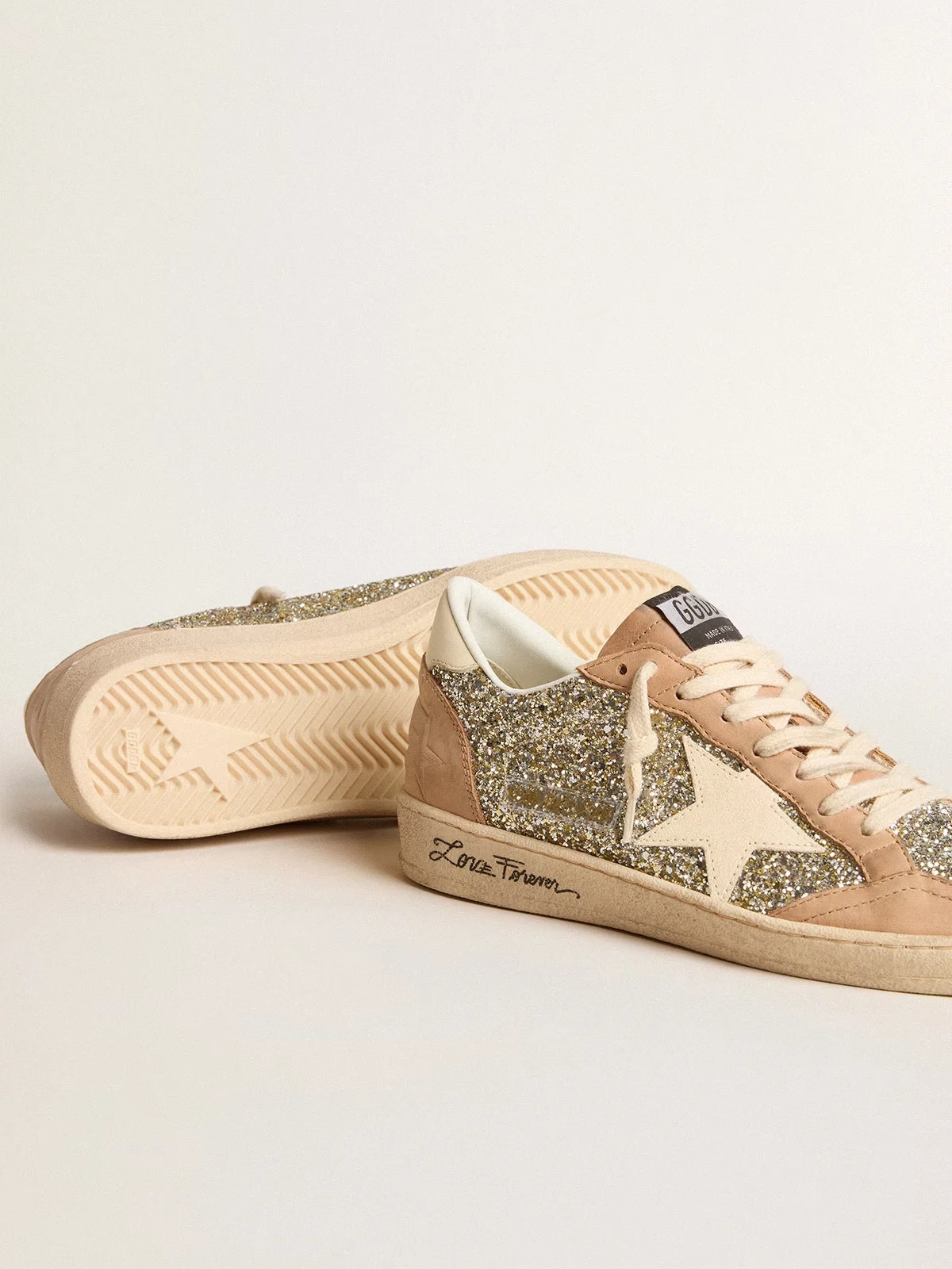 Womens Ball Star in platinum glitter with cream leather star and nubuck toe