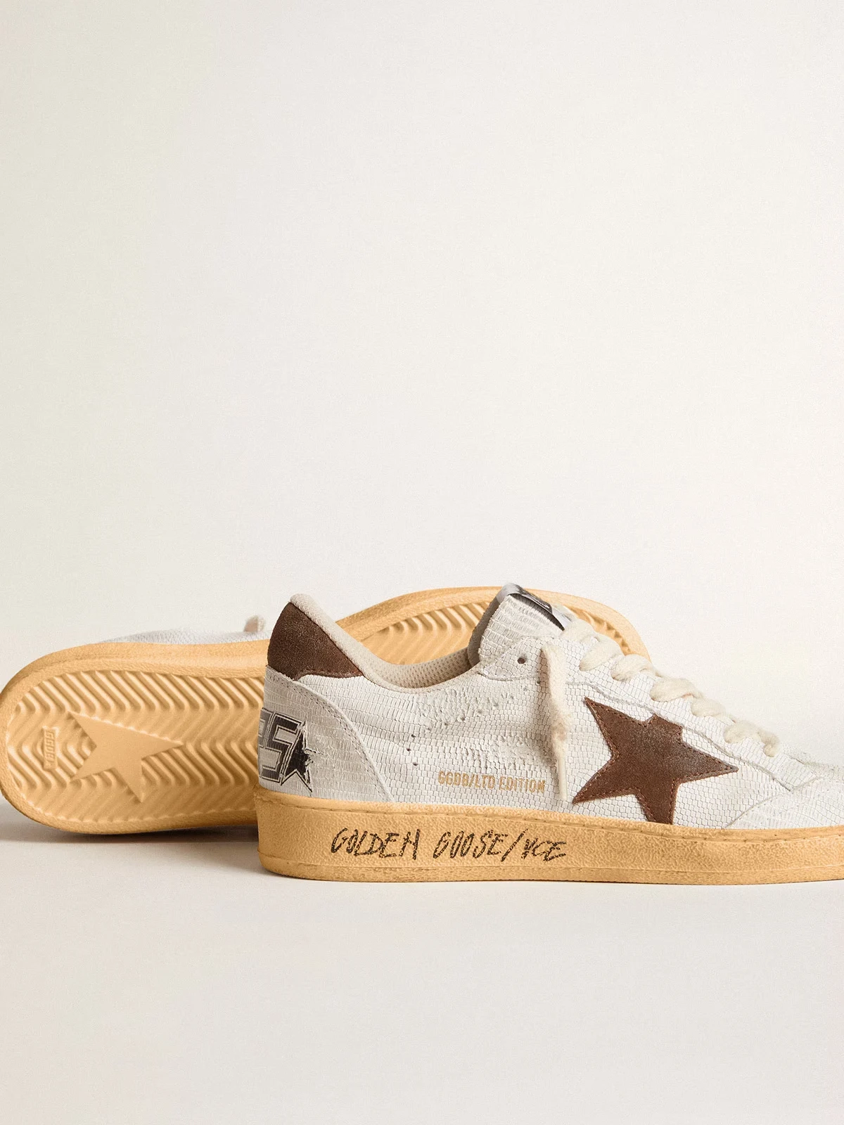 Womens Ball Star in white nubuck leather with brown suede star and heel tab
